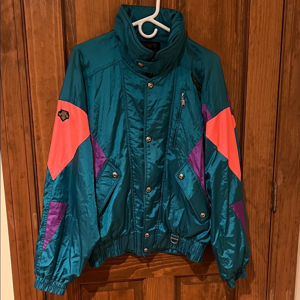 Vintage 1990s Green Descente ski Jacket with purple and neon orange accents